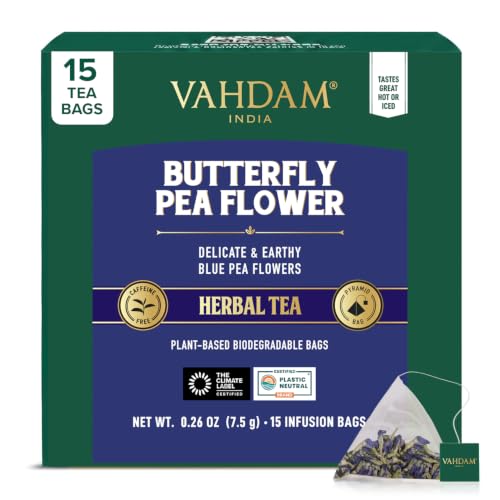 VAHDAM, Butterfly Pea Flower (15 Pyramid Bags) Vegan, Non-GMO | Delicate &amp; Earthy | Direct From Source – Plant-Based Biodegradable | Brew Iced Tea, Cooking, Mocktails &amp; Cocktails