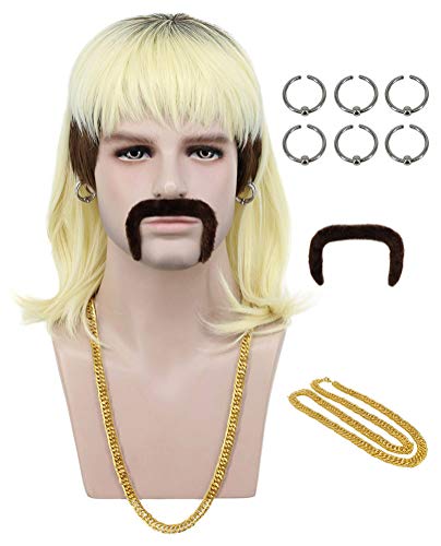 karlery 70s 80s Rocker Mullet Wig Long Wave Blonde Dark Root Mutsache Wig with 6 Earrings and Golden Necklace Halloween Cosplay Wig