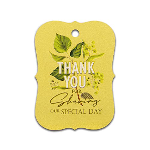 Etiquetas para detalles de boda con diseño de flores y texto dorado, pack de 50 notas caladas