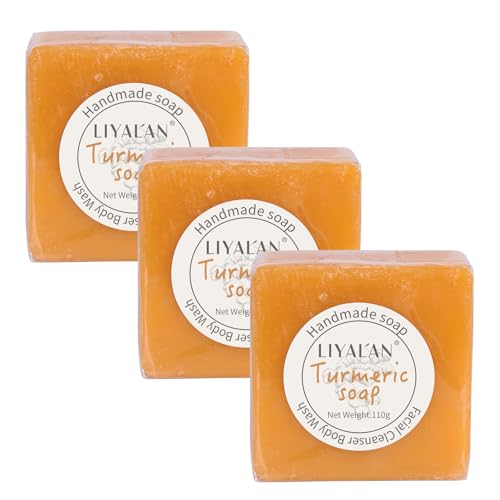 LIYALAN Turmeric Soap Bar 3.88 oz each Bar for Face and Body evens out skin tone,Smooth Skin,Cleansing Handmade Soap contains 3 bars with a fresh ginger and lemongrass scent