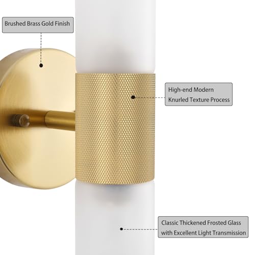 BYOLIIMA Gold Knurled Texture Wall Sconce Frosted Glass Shade Modern Bathroom Vanity Light Fixtures 2-Lights Mid Century Wall Light for Mirror Living Room Hallway E26 T10 Bulbs(Excluded) by BYOLIIMA - Image 5