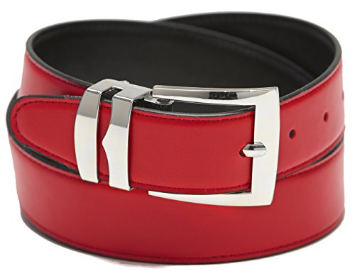 Men's Belt Reversible Wide Bonded Leather Silver-Tone Buckle RED/Black