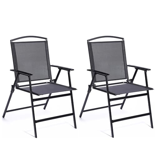 Bylring Outdoor Folding Patio Dining Sling Chairs Set of 2 with Armrest Black Foldable Portable Patio Chairs for Lawn Garden Balcony Living Room Furniture