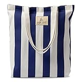 Emma Lund Jutebeutel - Stilvolle Einkaufstasche mit Innentasche und extra breitem Boden - Stoffbeutel mit langem Henkel - perfekte Tasche als Tote bag, Stofftasche, Damen Shopper (gestreift blau weiß)