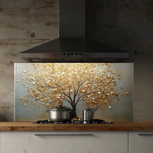 Roggmard Kitchen Backsplash, Stove Back Top Cover, Tree of Life Tempered Glass Splashback Tile, Kitchen Sink Cover Splash Guard, Home Kitchen Decor (30x14''-(76x35cm))