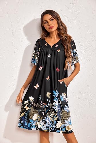 Image of Ekouaer 2 Pack House Dresses for Women with Pockets Short Sleeve Moo Moos Floral Print Mumu Dresses