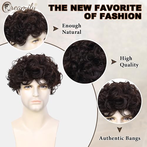 Image of Creamily Curly Hair Wig for Men, Male Wigs That Look Real,Artificial Fake Hair for Men,Short Full Wig for Man Synthetic Wigs for Boys for Daily Party Use (Brown, 8 Inches)