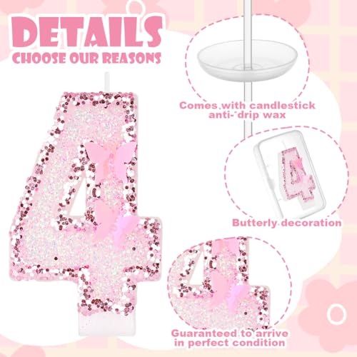 Miniatura 3 de Alaoo Velas Cumpleaños Números 4,3d Mariposas Rosa Vela,Vela De Número 4 De Pastel Decoración,Para Aniversarios,Baby Shower De Cumpleaños,Rosa