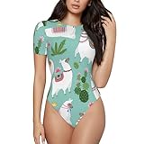 ASFgda Damen-Bodys mit tropischem Lama, Alpaka, Kaktus, Blumendruck, kurzärmelig, Rundhalsausschnitt, dehnbar, schmale Passform, Basic-T-Shirts, Sommer-Einteiler-Outfits, Schwarz , S