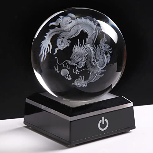 Movdyka 3.15 in. Crystal Dragon Ornament Ball Glass Engraved 3D Chinese Grangon Loong Ball Ornaments Paperweights with Colorful LED Night light Base (8cm) - Image 3