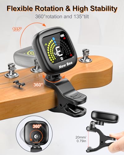 Image of New bee Guitar Tuner Rechargeable, Color Screen Clip On Tuner (Black, 2 Pack) | 360 Rotatable, Fast & Accurate Chromatic Tuning, for Guitar, Bass, Ukulele, Violin, Cello