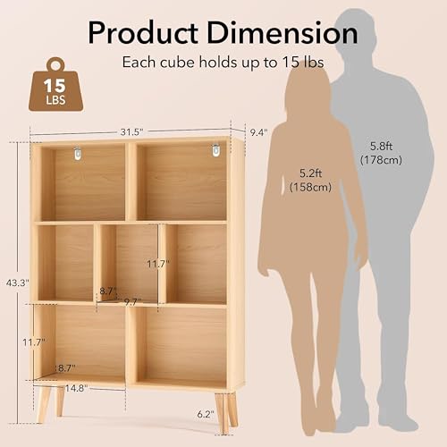 Image of HealSmart 7 Cube Storage Organizer, 3 Tier Bookshelf with Legs, Free Standing Cube Bookcase for Living Room, Bedroom, Office, Wood