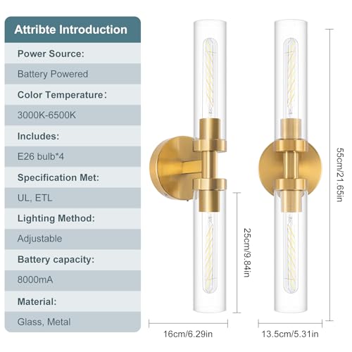 Image of Battery Operated Wall Sconces, Wall Sconce Set of 2, 3000K-6500K Gold Rechargeable Wall Lamp with Remote, Indoor Non-Hardwired Wall Sconce, Modern Vanity Light for Bedroom, Living Room, Aisle