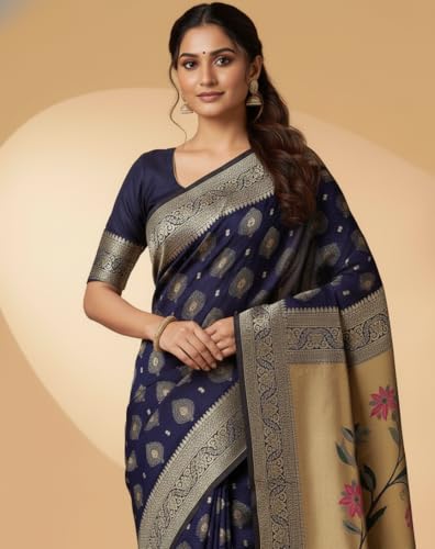 Buy Yashika Women's Banarasi Silk Jacquard Floral Woven Saree Blue - Image 6