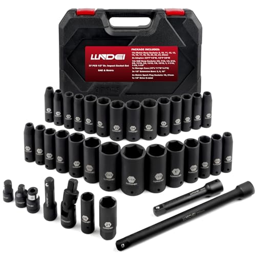 Image of LLNDEI 1 /2 inch Drive Deep Impact Socket Set, 37 Piece Standard SAE 3 /8 inch to 1-1 /4 inch | Metric 8 to 24mm, Includes Spark Plug Socket (16, 21mm), CR-MO Universal Joint, Extension Bars and Adapter