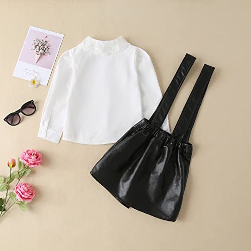 Wasaigood Toddler Girls Pu Skirt Set Long Sleeve Lace Shirt Suspender Dress Baby Girl Mini Leather Skirts Outfits Set (Black,1-2 Years) #TOP6
