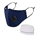 Masque facial 100 % coton respirant avec valve à air et boucles d'oreilles réglables et pince de nez, réutilisable, doux, lavable pour un usage public quotidien, 2 filtres gratuits en 5 couches, bleu
