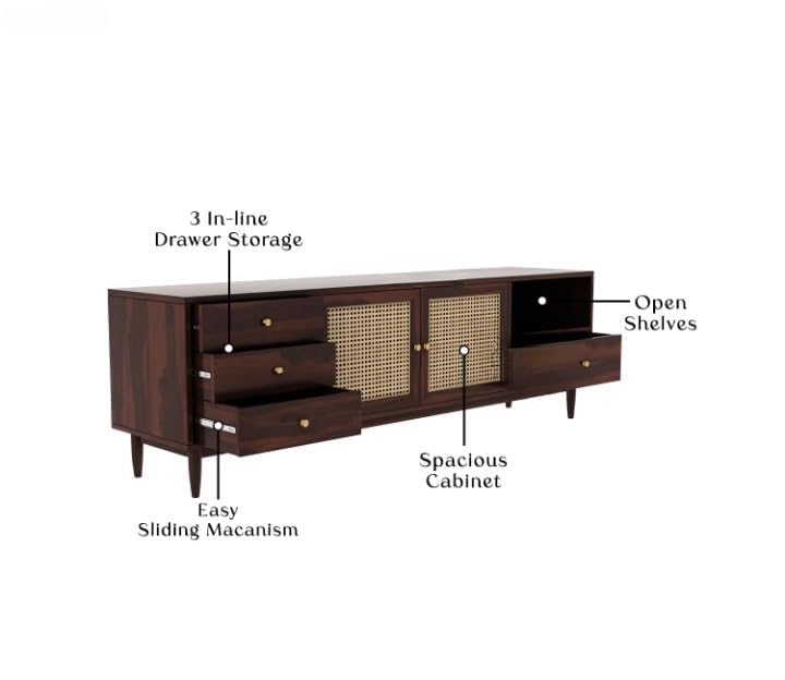 Image of MISAN Modern TV Table | Solid Sheesham Wood Sideboard TV Unit for Living Room, Bedroom, Office Furniture Stand | Wooden Free Standing Entertainment Unit Side Board Table with Storage (F-Hony)