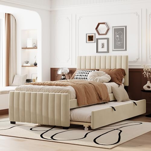 Ball & Cast Twin Size Upholstered Platform Bed with Pull Out Trundle,Wooden Bedframe W/Striped Headboard,Cute Design,No Box Spring Required,Modern Bedroom Furniture for Boys Girls Teens,Velvet,Beige by Ball & Cast - Image 4