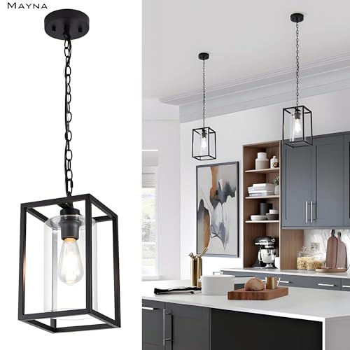 Image of MAYNA 1-Light Farmhouse Pendant Light, Black Metal Cage Light Fixtures with Adjustable Chain and Glass Shade,Hanging Lights for Kitchen Island,Porch,Hallway