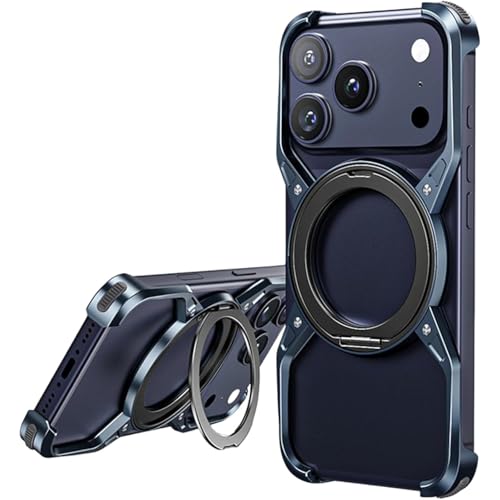 メカニカルフレーム メタルケース iPhone 17 Pro / 17 Pro Max 用 アルミ合金製 バンパー 耐衝撃 360°回転スタンド付き 軽量 オープンフレーム 放熱構造 MagSafe対応(Blue,17 Pro)