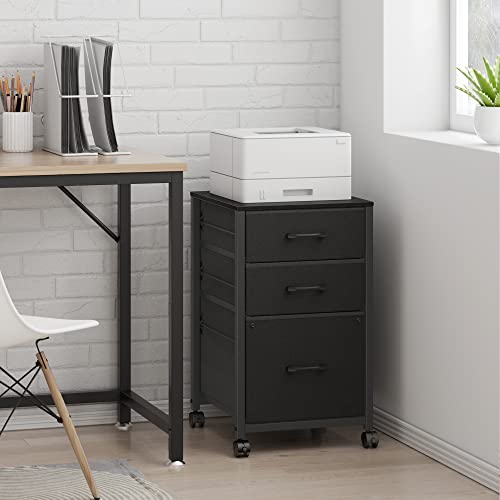 Raybee 3 Drawers File Cabinet for Home Office Storage and Organization, Under Desk Storage Rolling Filing Cabinet fits A4, Legal, Letter Size, Fabric Mobile Printer Stand with Storage, Black