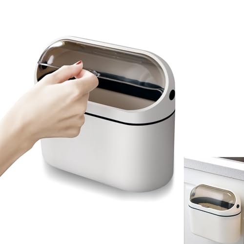 Bailtouk Cubo de Basura de Mesa con Tapa, 2L Mini Papelera Escritorio de Montaje en Pared, Papelera Pequeña Papelera de Baño para Cocina, Dormitorio, Baño, Oficina, Blanco Marfil (20.5×10.2×19cm)