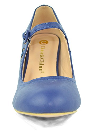 Chase & Chloe Kimmy-21 Women's Round Toe Pierced Mid Heel Mary Jane Style Dress Pumps (10, Blue Navy Pu) #TOP2