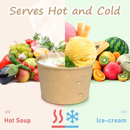 Image of ESSENTIAL Paper Ice Cream Cups with Lids, 50 Pcs 8oz Paper Snack Bowls | Disposable Dessert Bowls with Lids for Hot or Cold Food, Paper Snack Containers for Sundae, Frozen Yogurt, Soup (Brown)