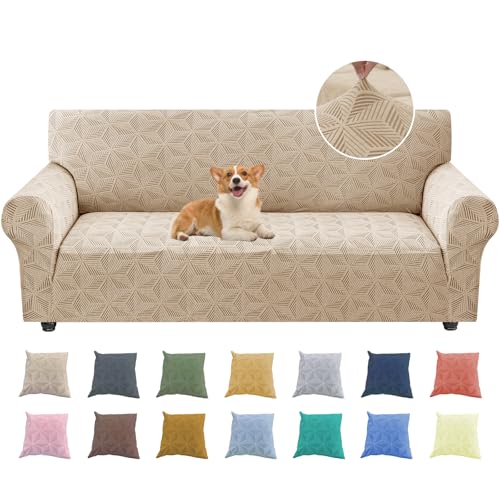 YEMYHOM 1 Piece Stretch Couch Covers for 3 Cushion Couch, Jacquard Sofa Cover with Non-Slip Elastic Bottom, Thickened Slipcover Furniture Protector for Dogs Pets (Large, Khaki）