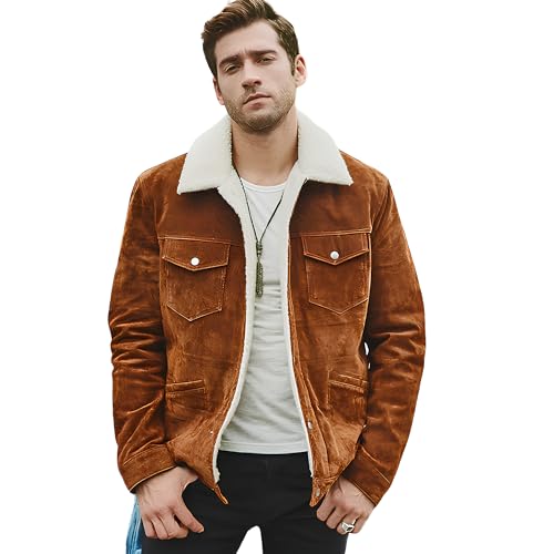 Men's Faux Sherpa Lined Real Suede Leather Jacket Black Trucker Denim Style Coat For Man