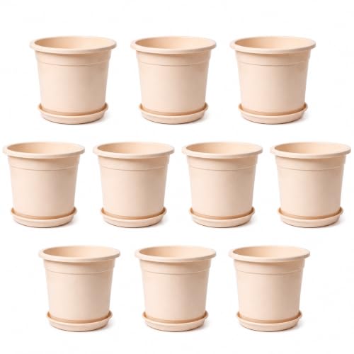 Image of 12 Inch Glossy Plastic Planter with Bottom Plate | Heavy Duty Flower Pot with Tray for Indoor Home Decor, Balcony, Living Room & Outdoor Garden (10 Pot, Blush Pink Sparkle)