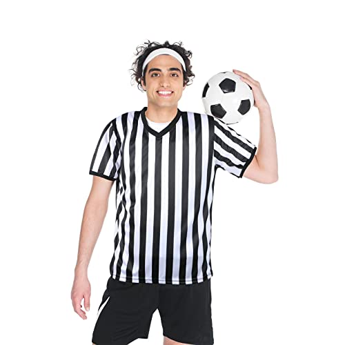 Satinior Men's Official Uniform Black And White Stripe Pro-Style Neck Referee Shirt, Officiating Umpire Jersey And Stainless Steel Whistle With Lanyard For Basketball Football Soccer (L) #TOP6