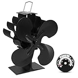 Ventilador de la estufa, ventilador de calefacción LerkeHony para estufas de leña, chimenea de 4 hojas, ventilador ecológico y eficiente, incluye termómetro (negro)