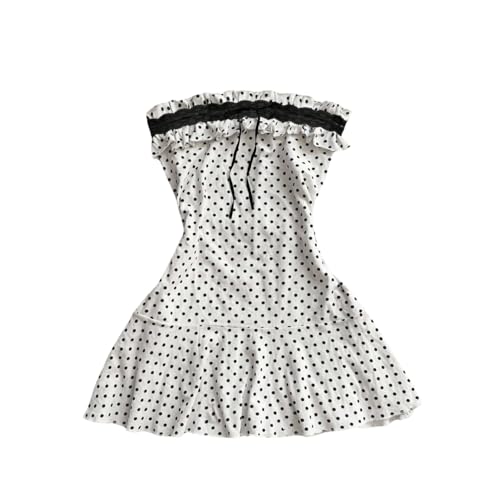 ORANDESIGNE Robe Bandeau Femme Robes D'été à Pois Adolescentes Col Dos Nu Robe Mini Bustier Vintage en Dentelle à Volants Tenue Y2K A Blanc L