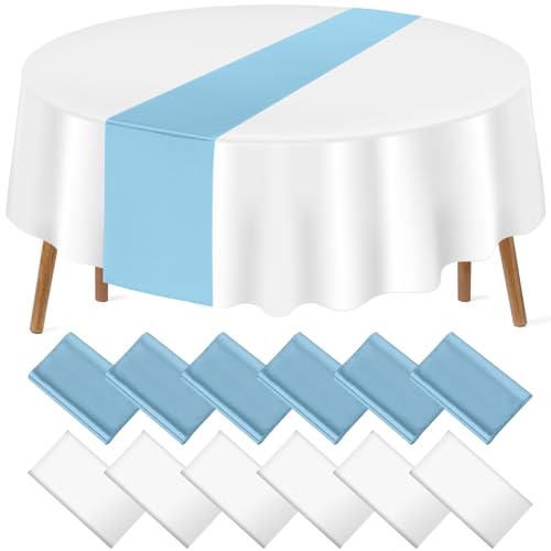 Image of 12Pack 12x108 Inch Satin Table Runner and 84 Inch Round Plastic Tablecloths White Light Blue Disposable Round Table Cover for Graduation Wedding Bridal Shower Anniversary Birthday Party Decorations