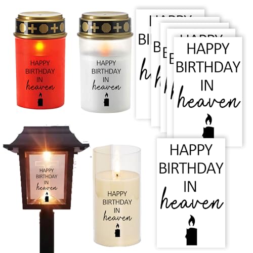 6 Pieces,Grave Candle Sticker Set 'Happy Birthday in Heaven',Decorative Memorial Light Design with Candle Motif Heaven Birthday, Birthday Light, Easy Handling, Personalize Grave Lights