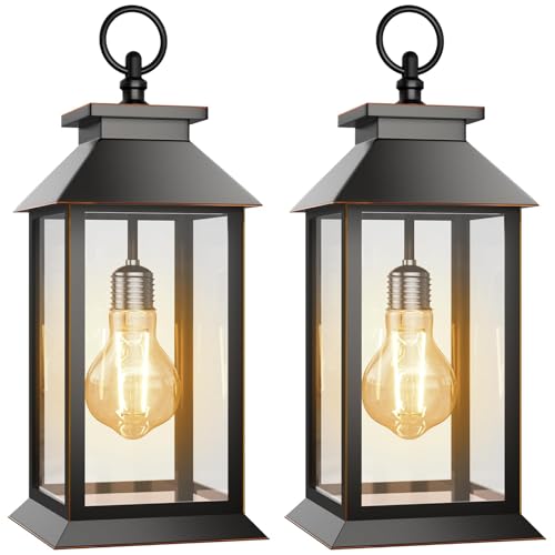 AYTPU 2 Pack Solar Lanterns Outdoor Hanging Glass Solar Lights Waterproof Dual Power Solar & 2*AA Battery for Porch Patio Yard and Indoor Table or Mantel