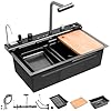 30in Black Drop In Kitchen Sink Multifunctional Digital Display Smart Drop In Kitchen Sink Honeycomb Nano Modern Kitchen Sinks with Cutting Board & 4 in 1 Pull-Out Faucet Workstation Sink