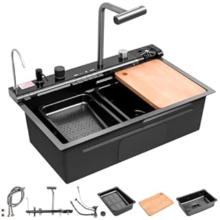 30in Black Drop In Kitchen Sink Multifunctional Digital Display Smart Drop In Kitchen Sink Honeycomb Nano Modern Kitchen Sinks with Cutting Board & 4 in 1 Pull-Out Faucet Workstation Sink