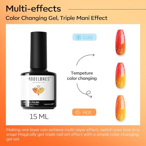 Image of modelones Fall Gel Nail Polish Orange Color Changing Glitter Coral Temperature Mood Changed Halloween Nail Polish Soak Off Autumn Color Manicure Home DIY Gifts 15ml