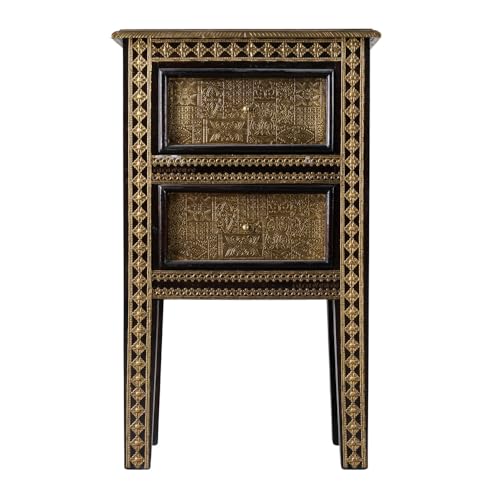 Image of Wooden Bedside Table for Bedroom with Drawers | Solid Wood Bed Side Table with Drawers | Side Table for Living Room | Traditional Rajasthani Art Chest of Drawer for Home (Black)