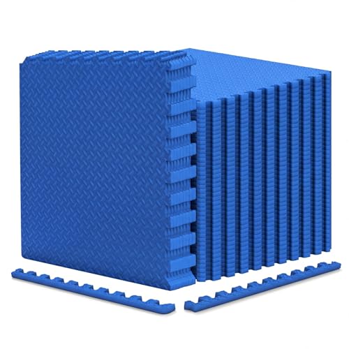 Tangkula 48 Baldosas de Piso de Ejercicio con Borde, Alfombrillas Protectores Antideslizantes de Espuma EVA, Alfombrilla de Piso de Rompecabezas Elástica de 1/2" para Gimnasio en Casa, Sala de Fitness (Azul)