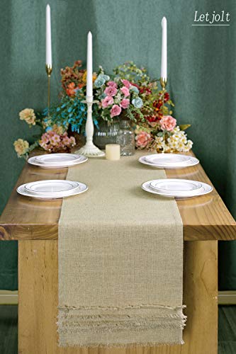 Letjolt Linen-Cotton Table Runner Fabric Tassel Lace Table Decor Farmhouse Runner Dinner Wedding Birthday Party, 12x72 Inches