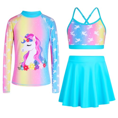 Seanrui Girls Swimsuit Long Sleeve Swim Shirt 3 Piece Rash Guard for Girls Bathing Suit with Boyshorts Colorful Horse 5-6 Years