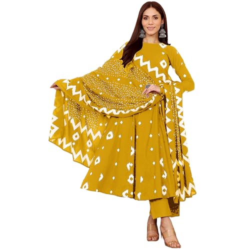 Image of ANNI Designer | Rayon Anarkali Printed Kurta with Pant & Dupatta | Cotton Kurta Set for Women | Stylish Co-Ord Set with Dupatta Ethnic Dress for Women