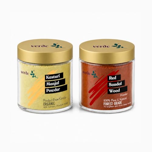 Image of 100% Natural Face Packs of Organic Kasturi Manjal & Red Sandalwood Powder for Beatiful Glowing Skin (50gm, 40 gm, Combo of 2)
