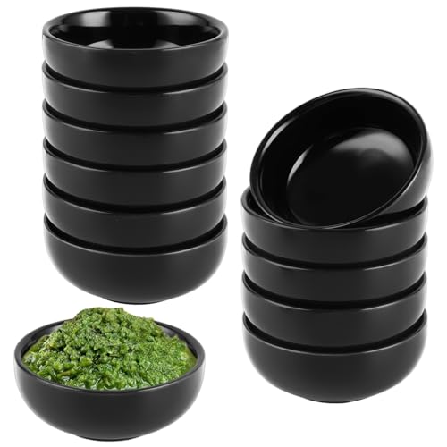 YAYODS Lot de 12 Petit Ramequin à Sauce en Céramique Ø 7,7 cm - Coupelle à Sauce Noire Mate en Porcelaine - Bol de Service pour Sushi, Dips, Tapas et Desserts - Empilable et Compatible Micro-ondes