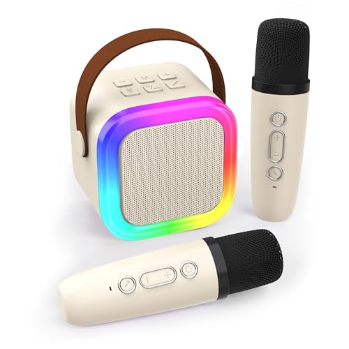 Koolcover Mini Machine de karaoké pour Enfants et Adultes, Haut-Parleur Bluetooth Portable avec 2 Microphones sans Fil, Cadeaux d'anniversaire pour Filles âgées de 4, 5, 6, 7, 8, 9, 10 Ans et（Beige）