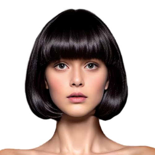 Image of Rose bud Black Wig Bob Straight 12 Inch Short Hair Cosplay Wigs for Women Costume Party Halloween